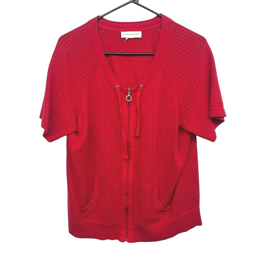 Christopher & Banks Zip Cardigan Medium Red Pointelle Knit Short Sleeve Sweater